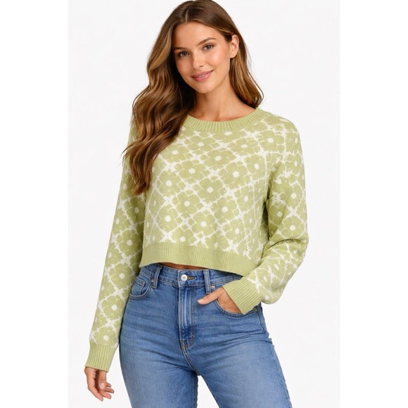 Hollister Sweaters - Hollister Women’s M Green White Floral Cropped Sweater Cotton Knit Casual